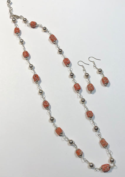 Red Coral & Sterling Silver Necklace & Earring Set