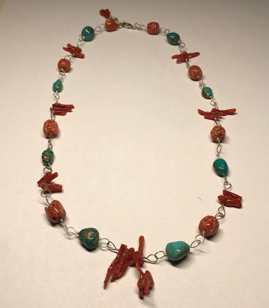 16 Inch Turquoise and Red Coral Necklace