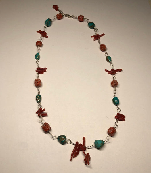 16 Inch Turquoise and Red Coral Necklace