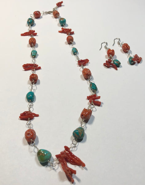 Red Coral & Turquoise Necklace & Earring Set