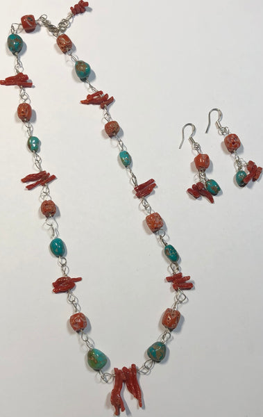Red Coral & Turquoise Necklace & Earring Set