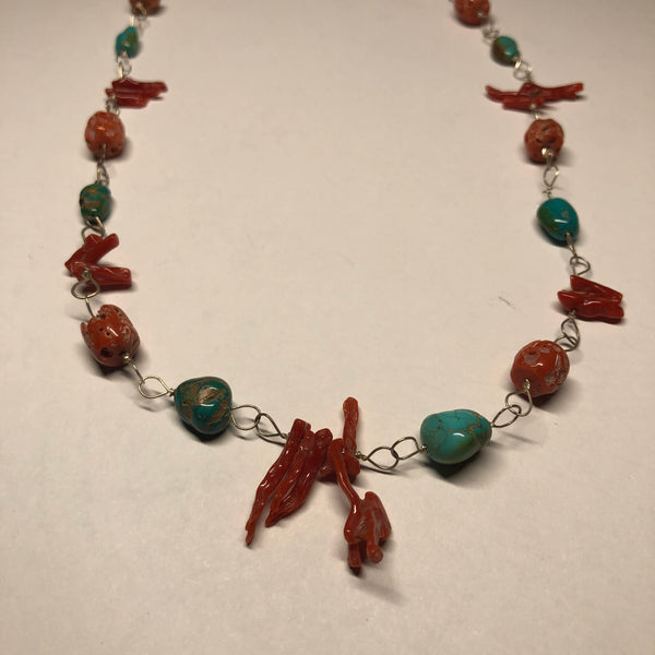 16 Inch Turquoise and Red Coral Necklace