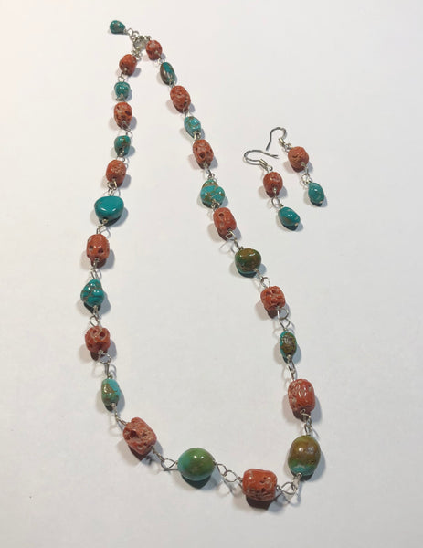 19” Red Coral & Turquoise Necklace & Earring Set