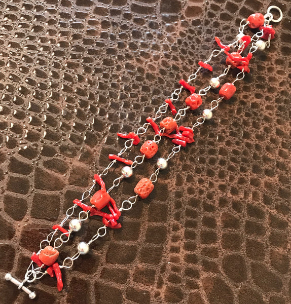 8” Red Coral & Sterling Silver Triple Bracelet