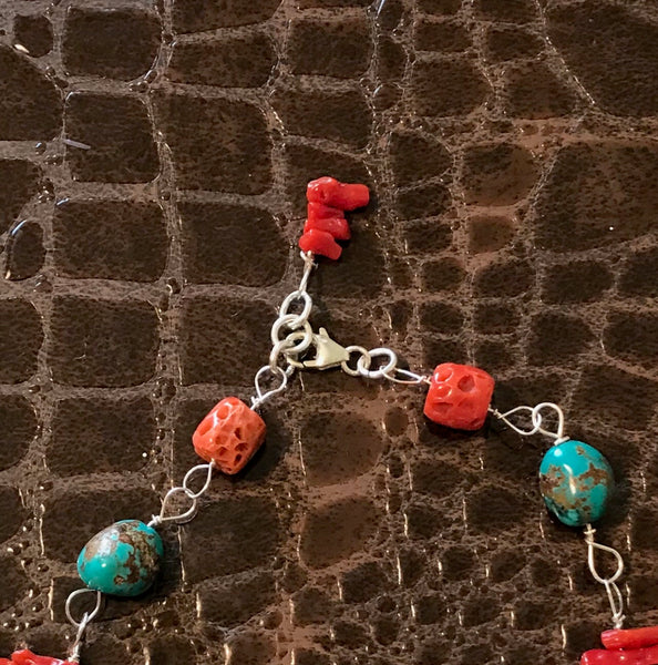 18” Red Coral & Turquoise Necklace & Earring Set