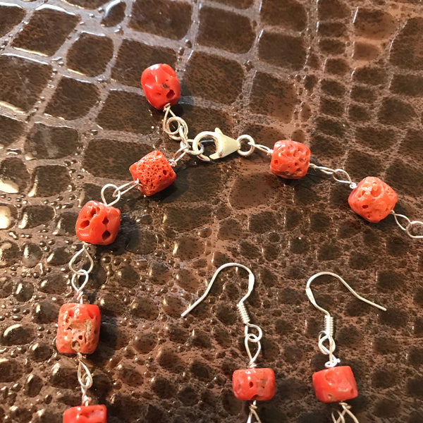 20” Red Coral & Sterling Silver Necklace & Earring Set