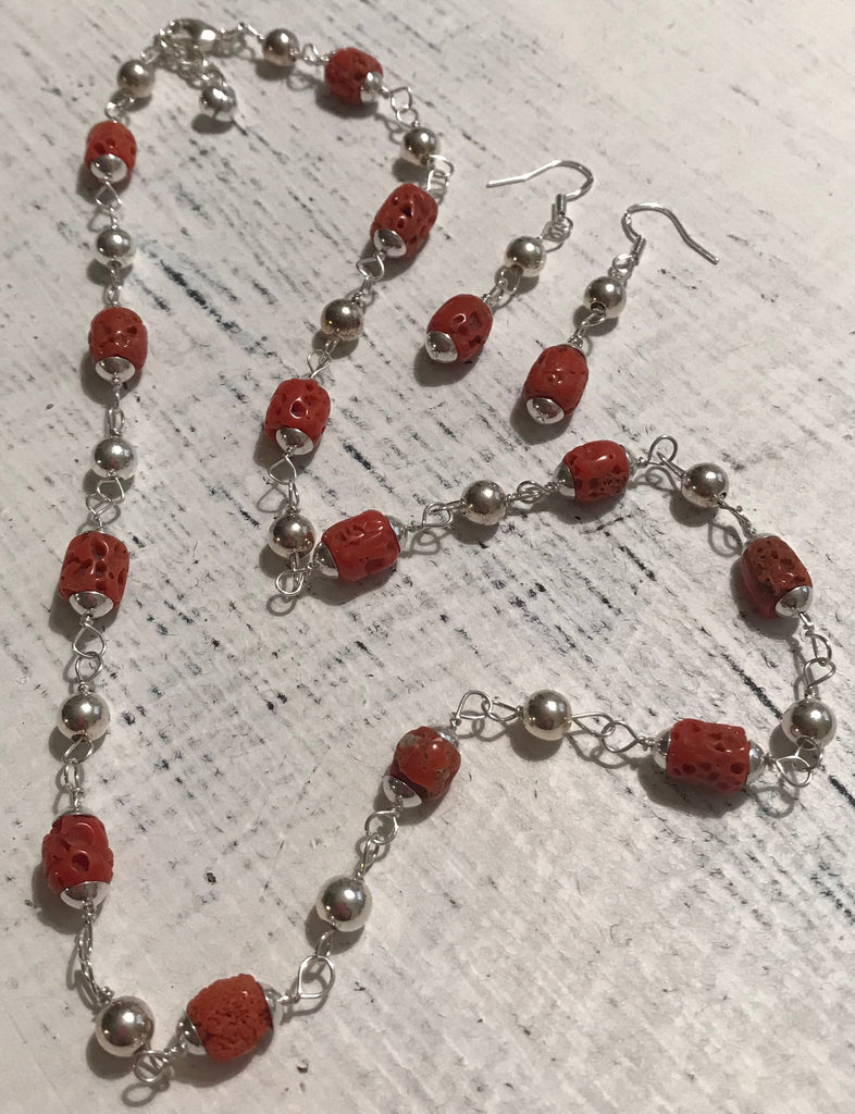 20” Red Coral & Sterling Silver Necklace & Earring Set